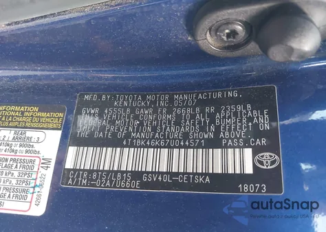 2007 Toyota Camry Se V6 z USA, uszkodzony, nr VIN 4T1BK46K67U044571